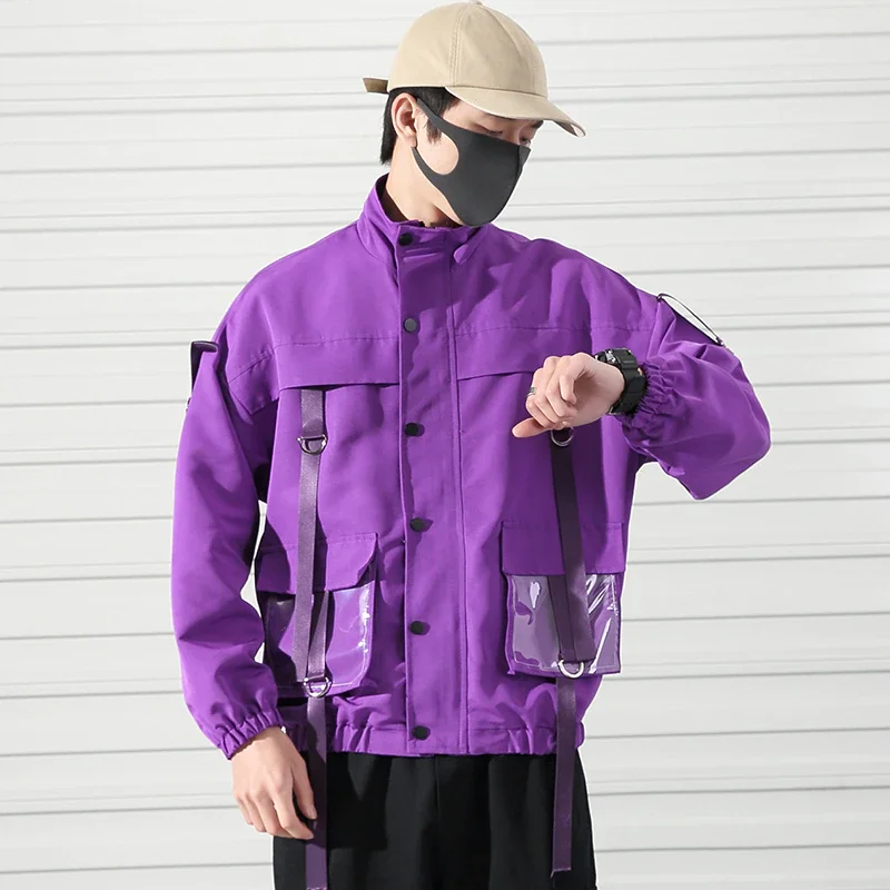 

Мужская куртка в стиле милитари 2022, Повседневная ветровка, мужские комбинезоны с лентами и карманами, куртка-бомбер, уличная одежда в стиле ...