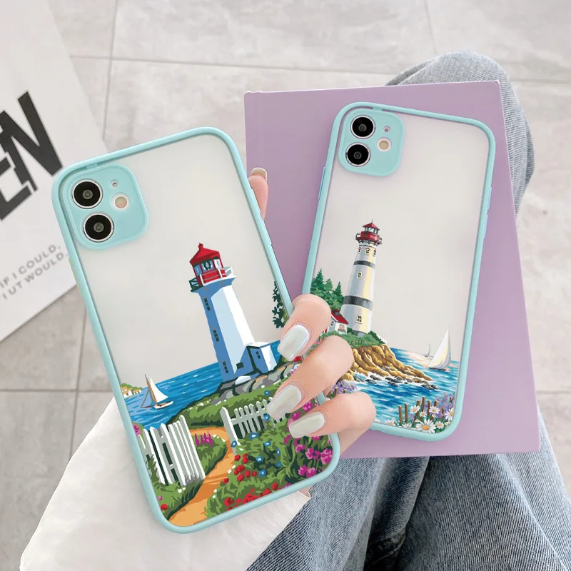 Hand Painted Lighthouse Print Bird Seagull Phone Case for iphone 11 12 13 Pro Max 7 8 Plus SE 2020 X XS MAX XR Hard Covers