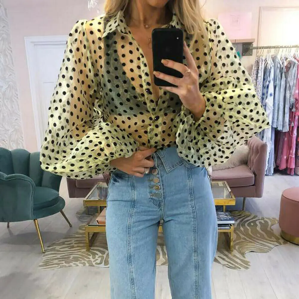 Фото New Fashion Women White Black Polka Dot Sheer Mesh Blouse Tops Shirt Ladies Puff Long Sleeve SeeThrough Loose Shirts Женская одежда New Fashion Women White Black Polka Dot Sheer Mesh Blouse Tops Shirt Ladies Puff Long Sleeve SeeThrough Loose Shirts Женская одежда