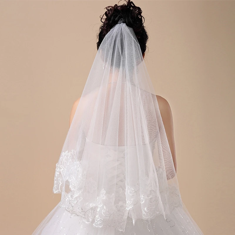 

new Women 150cm Bridal Short Wedding Veil White One Layer Lace Flower Edge Appliques 2022