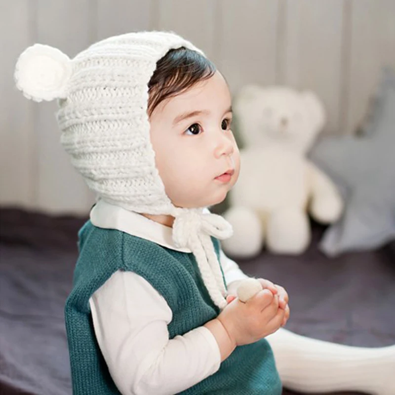 Детская зимняя теплая шапка с рисунком из мультфильмов ушком медвежонка вязаные