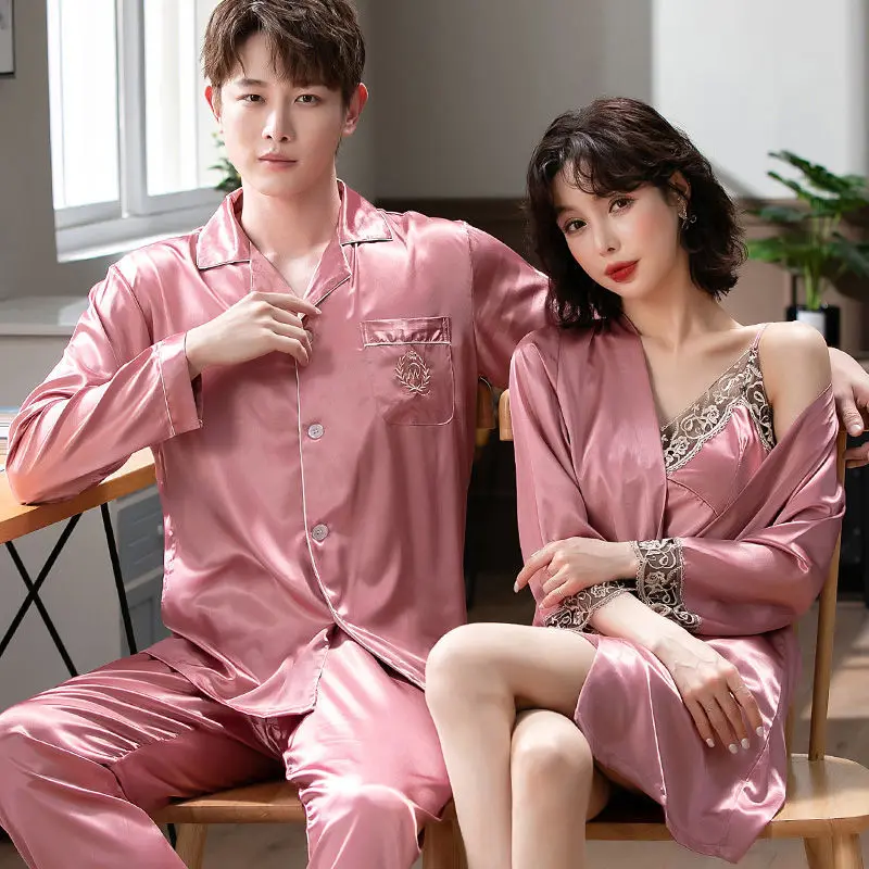 Couple Pajamas Spring and Summer Women Ice Silk Two-piece Long-sleeved Sexy Suspenders Chest Pad Robe Men's Suit Home Wear