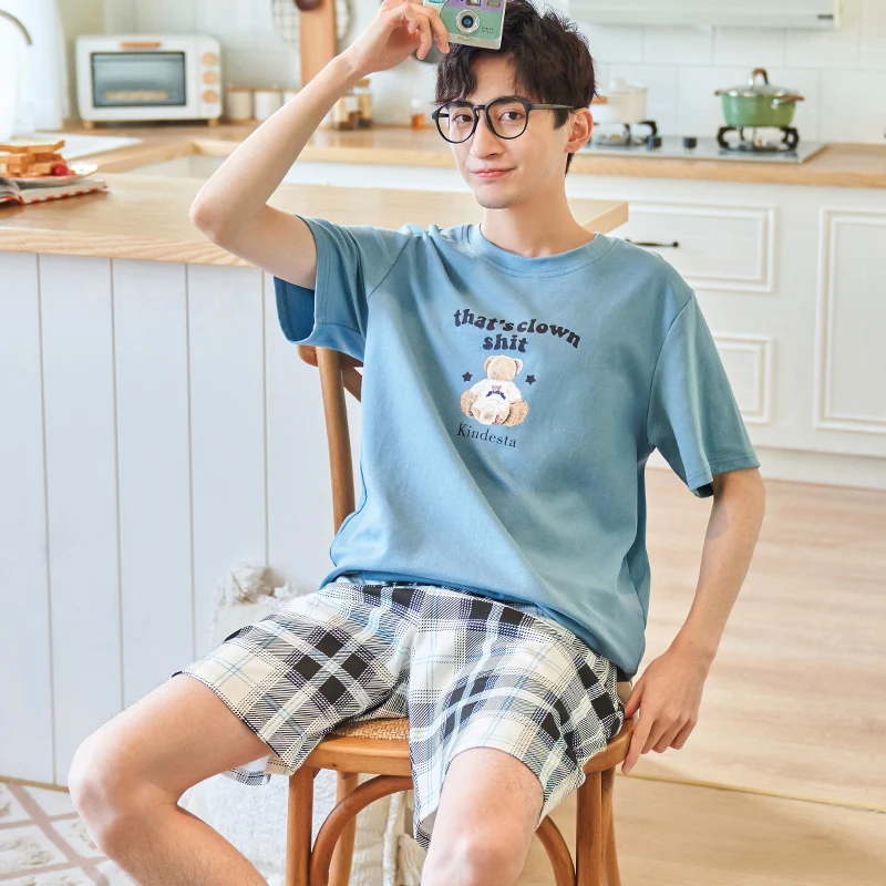 

Summer Cotton Couple Pajamas Set Cartoon Little Bears Print Lovers Nightwear Men & Women Large Size Plaid Short Sleeve Homewear
