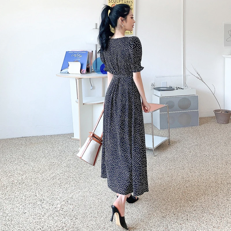 

Fashion Black Polka Dot Print square collar Short-Sleeve chiffon Slim Midi Long dress Summer