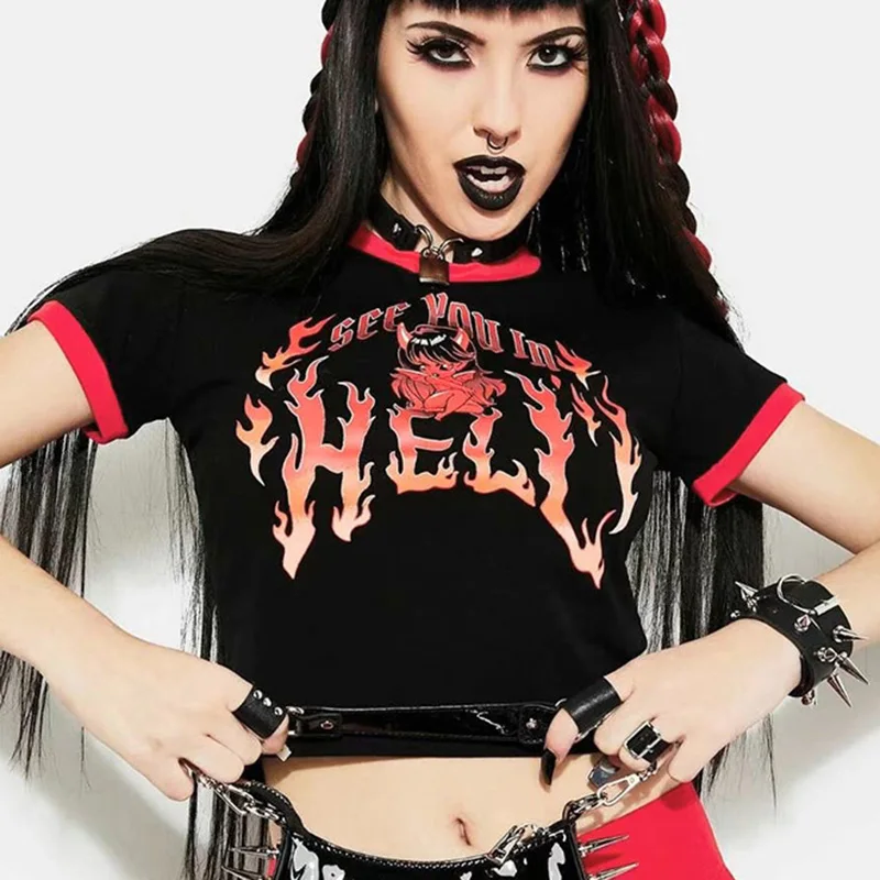 

Gothic T Shirt Tops for Women 2021 Summer Graphic Print Tees Clothes Goth Harajuku Vintage Sexy Femme Black Crop Top Tshirts