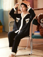 new cotton pyjamas women v neck sleepwear set cute bear printed with pocket for ladies pijamas black comfortable nightwear home