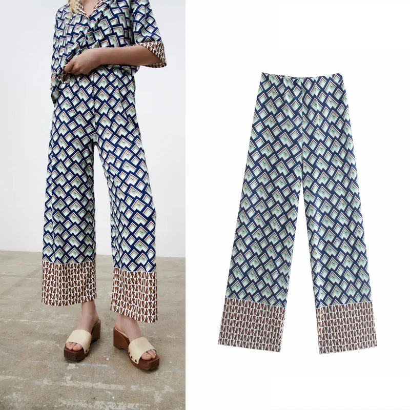 

Женские брюки с принтом 2021, летние модные длинные брюки Za с широкими штанинами, повседневные Винтажные эластичные женские брюки с высокой т...