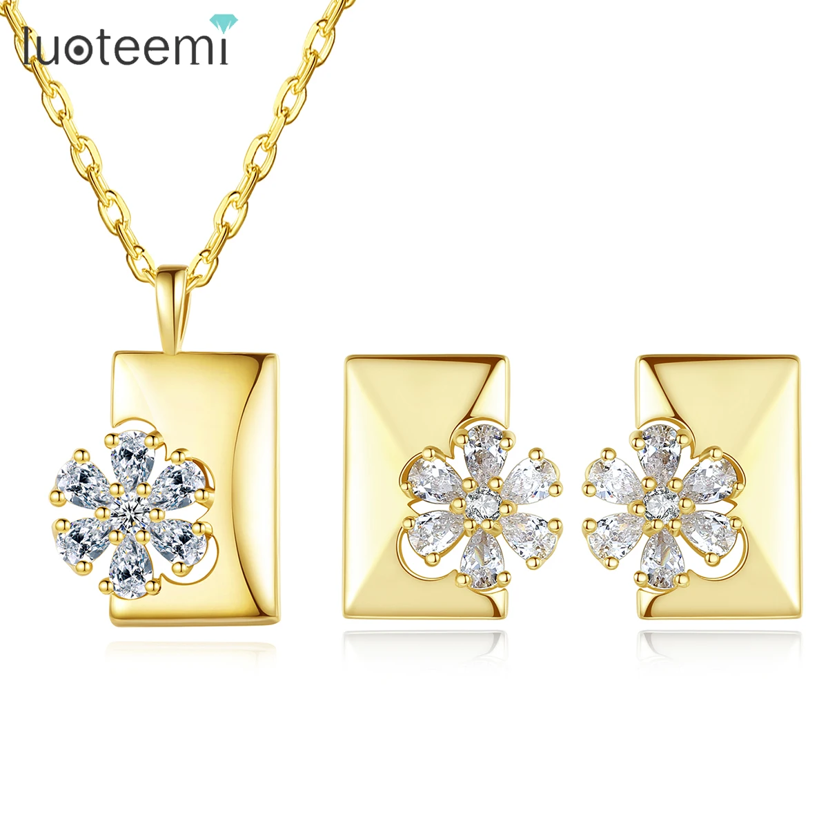 

LUOTEEMI Cute Daisy Flower Jewelry Sets for Women Ensemble Femme 2 Pièces Shinning Cubic Zirconia Friends Gifts Wholesale