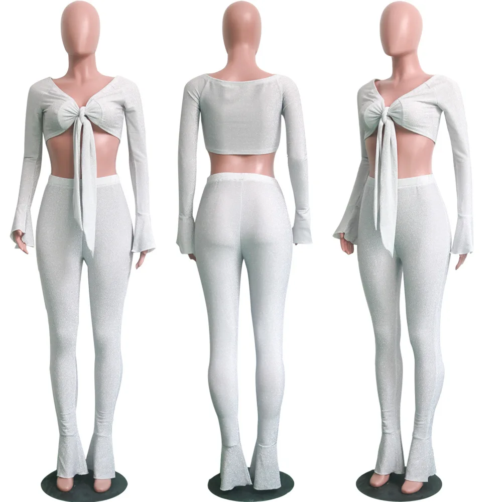

Echoine Autumn Spring Lace Up Crop Top Flare Pants Two Piece Set Sexy Off Shoulder Flare Sleeve Matching Set Skinny Party