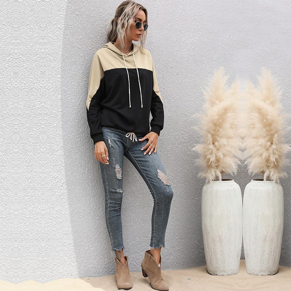 

Women Long Sleeve Drawstring Hoodies Color Block Patchwork Sweatshirt Casual Loose Lightweight Pullover Tops T-Shirts