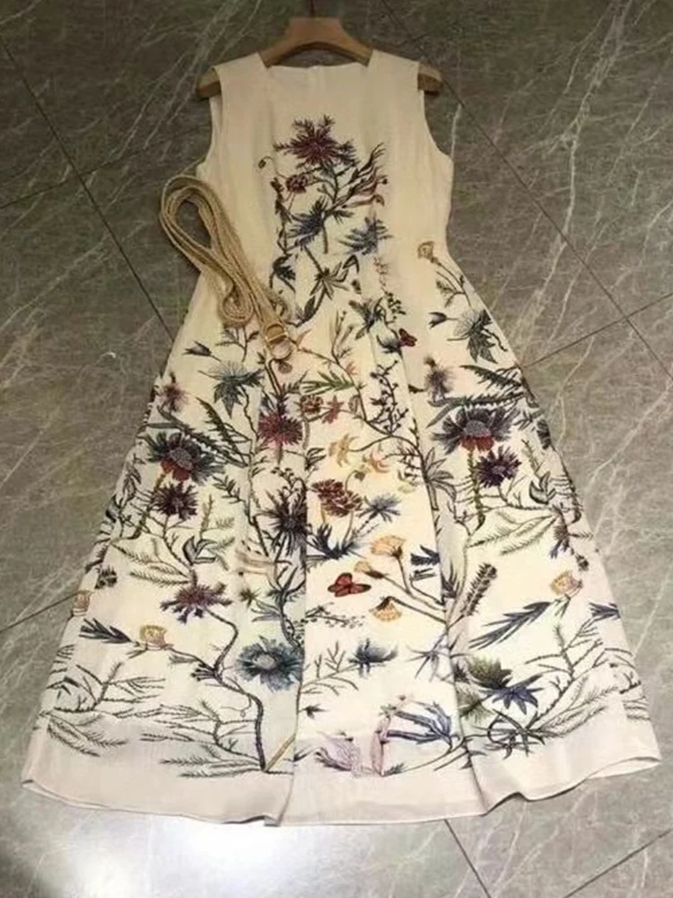 

Retro print sleeveless round neck pullover high waist tie loose big swing vest dress ladies summer new fashion free shipping