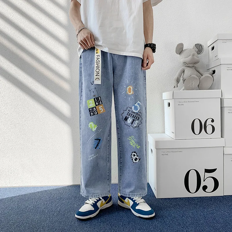 

Men's Loose Straight Tube Jeans Cartoon Printed Japanese Street Jeans Harajuku Fashion Wide Leg Pants New Men's Trousers +Belt