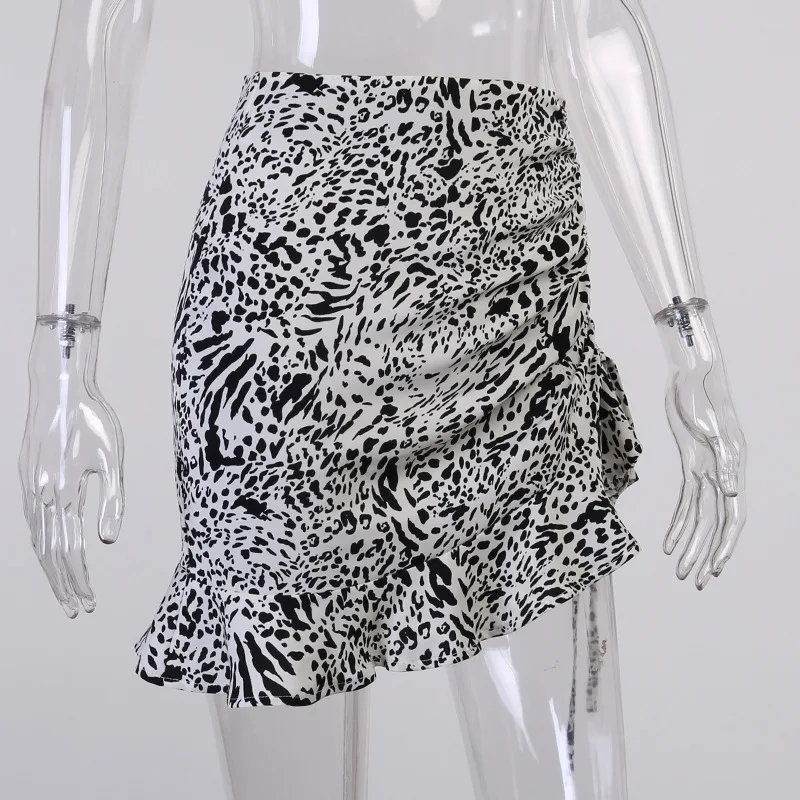 

Summer Leopard Print Short Skirts Womens Ruffles Drawstring High Waist Mini Skirt Streetwear Ladies Fashion 2021