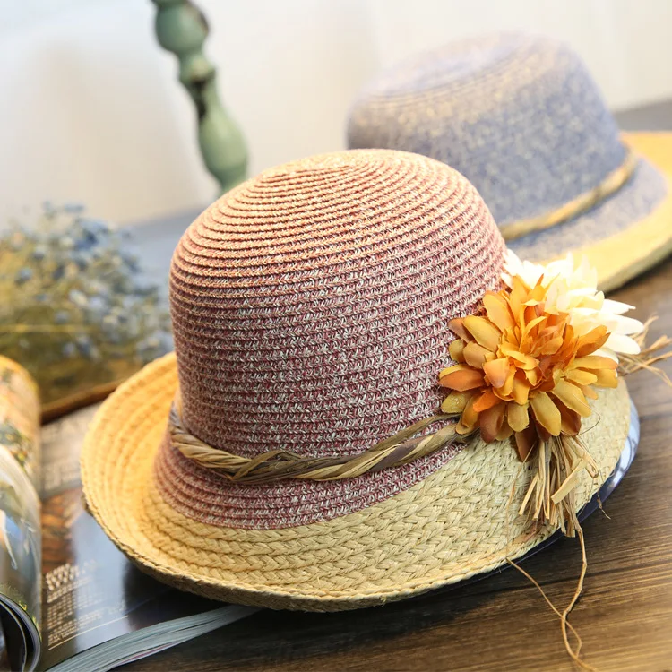 

202103-WN new raffia brim patchwork paper flower holiday lady leisure sun cap women leisure hat