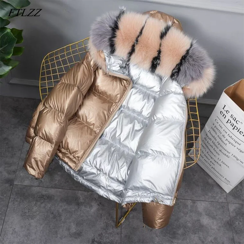 

Winter Jacket White Duck Down Parkas Women Gold Silver Double Side Coat Big Aritificial Fur Hooded Female Down Oversize