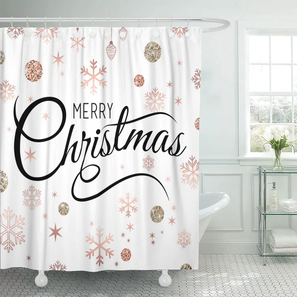 

Занавеска для душа с надписью Happy Merry Christmas, розовое золото, блестящий дизайн, водонепроницаемая Полиэстеровая ткань, Комплект 72x72 дюймов