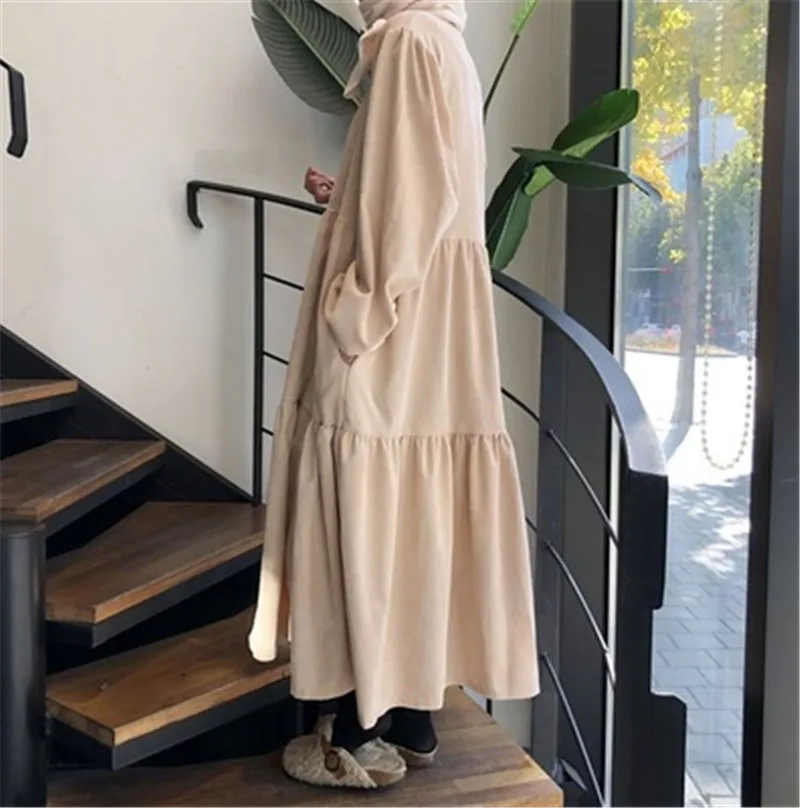 

Woman's Corduroy Dress 2020 Korean Chic Casual Solid O-Neck Ruffles Long Sleeve Oversized Pleasted Vestidos Largo Female