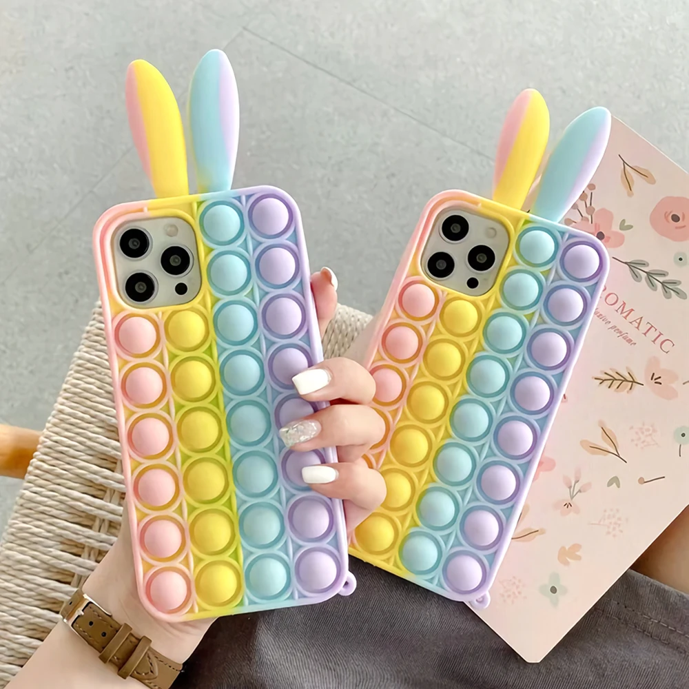 

Rainbow Bunny Ears Bubble Case For iPhone 12 11 13 Pro Max 7 8 XS XR SE 2020 Reliver Stress Fidget Toys Push Antistress Cover