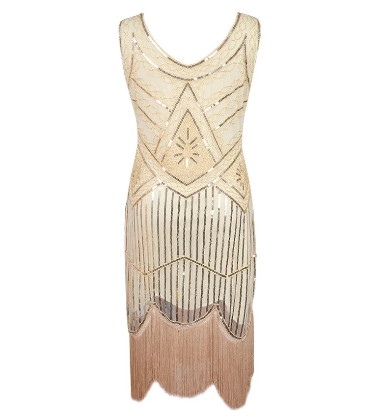Beige Dress 1920s Гэтсби блесток бахромой Пейсли Хлопушка платье с 20s аксессуары набор xs, s, l, m, xl, xxl - Цвет: Beige Dress