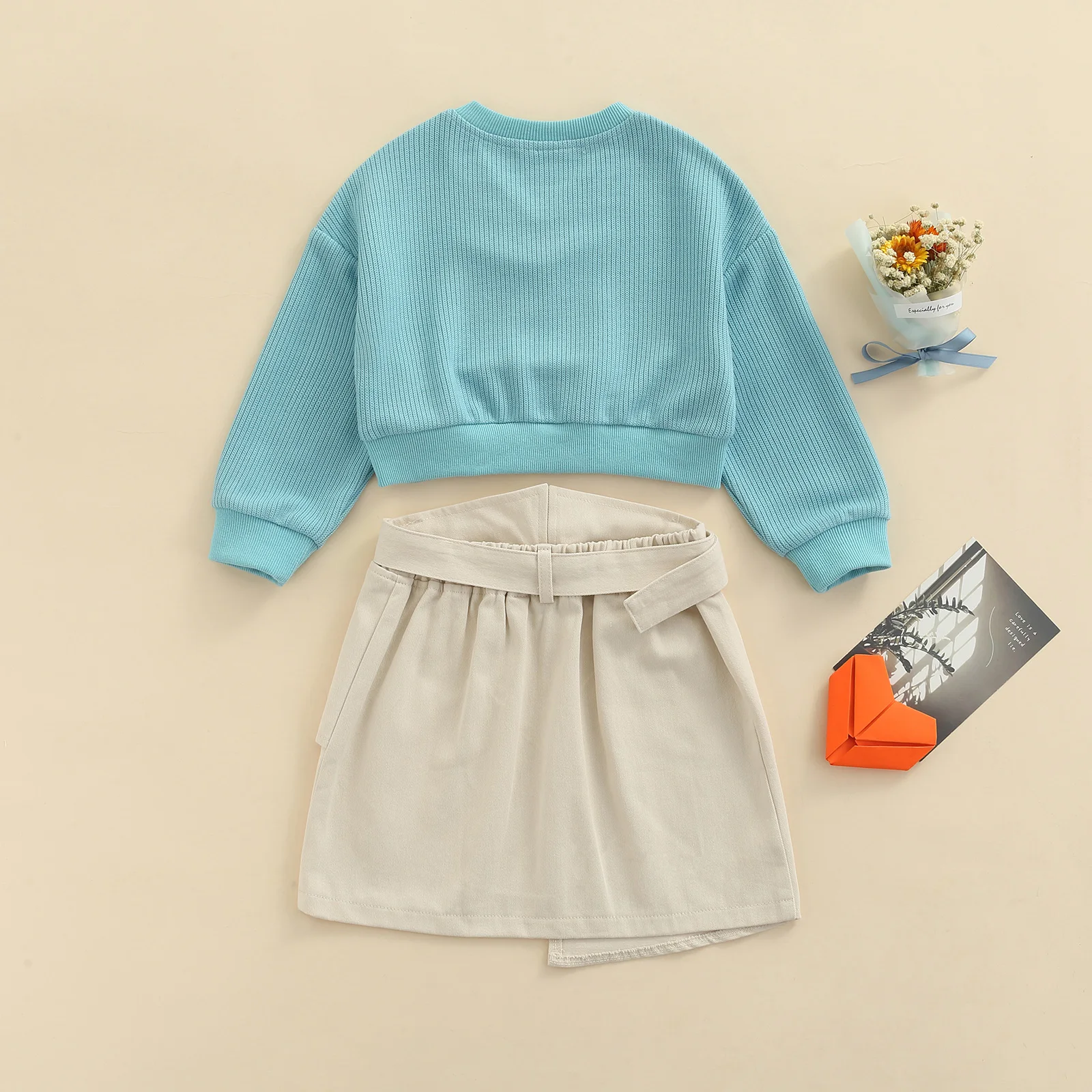 

1-6 Years Autumn Clothes Girls Solid Color Clothes Set, Long Sleeve V-neck Cropped Tops+irregular Hem Skirt with Waistband