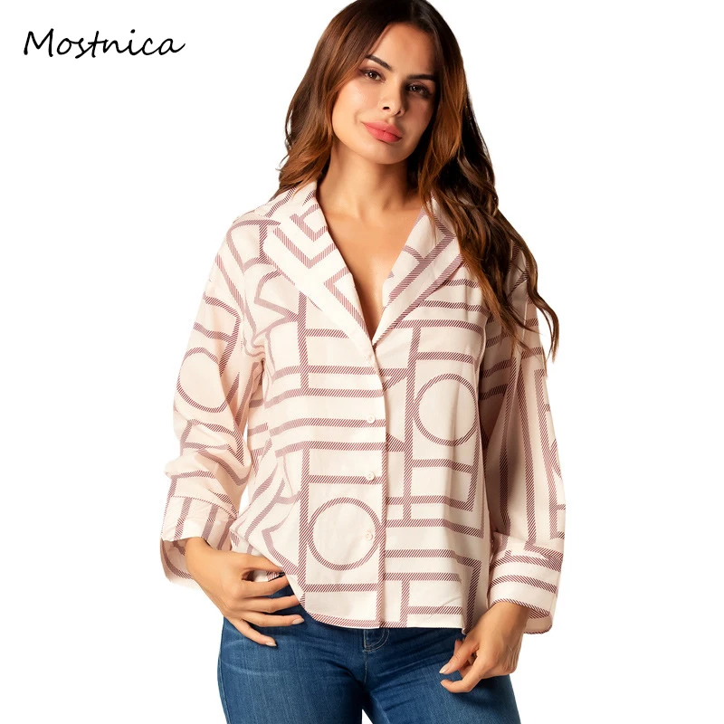 

Mostnica Casual Button Front Spring Women Shirt Geometric Printed Long Sleeves Drop Sleeves Loose Blouse Straight Shirts Tops