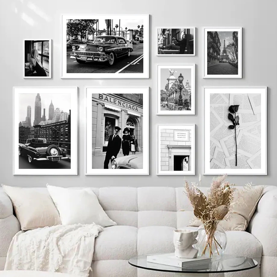 

Black White Fashion Paris Rose Woman Car Wall Art Canvas Painting Nordic Posters And Prints Wall Pictures For Living Room Decor