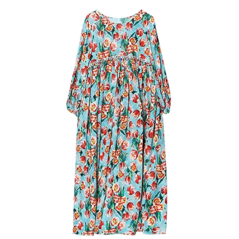 

2021 Summer Chiffon Beach Dresses For Women O neck Casua Flower Print Dresses Knee length Fashion Elegant Dress Ladies Sundress