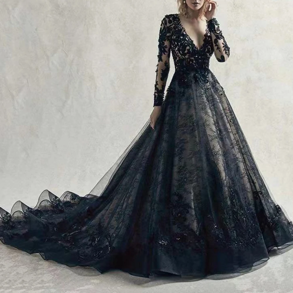 

Chick Black V-Neck Wedding Dresses 2021 Lace Sexy A-Line Bride Dress Simple Illusion Applique Custom Prom Gowns robe de mariée