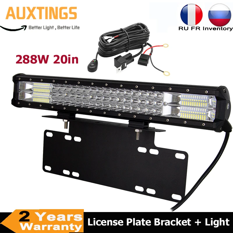 

20inch 288W 7D Tri-row LED Light Bar + Front Bumper License Plate Bracket + Wire Kit For ATV Offroad SUV 4x4 Tractor Car