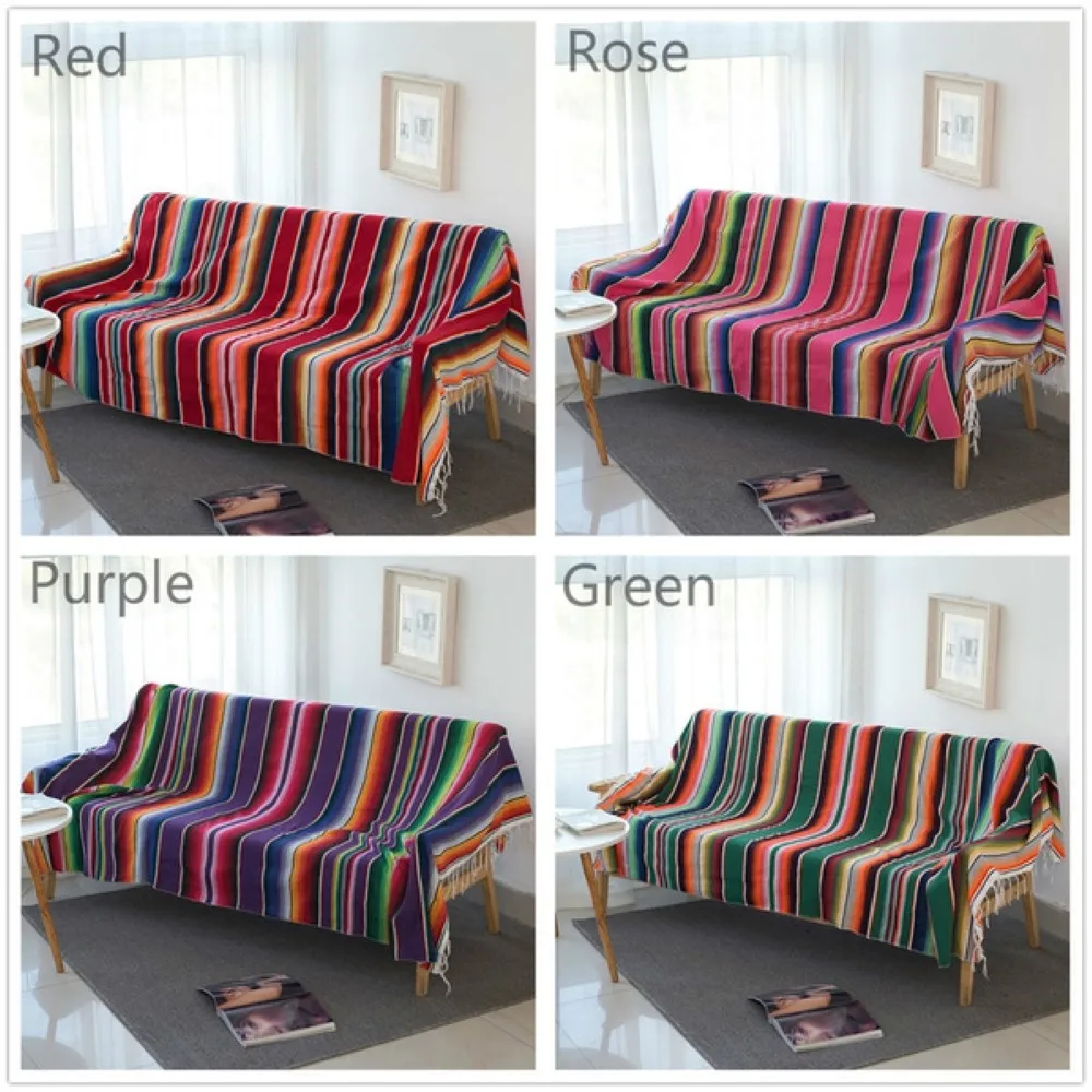 

Rainbow Beach Blanket Outdoor Plaid Stripe Mexican Mat Tassel Picnic Table Runner Cloth for Beds Travel Picnic Camping Sofa