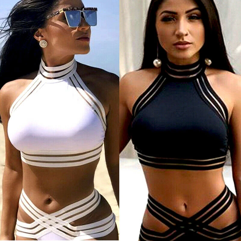 

Kayotuas Women Bikini Sets Sexy Black/White Hollow Out Halter Push-up Padded Bra Bandage Striped Swimwear Bathing Suit Beachwear