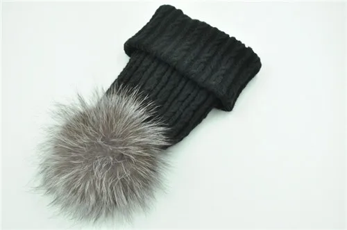 Black silver fox fur Вязаная Шерстяная Шапка из натурального меха енота, шапка с помпоном для женщин и девочек, новинка, осенняя, весенняя, зимняя женская меховая шапка - Цвет: Black silver fox fur