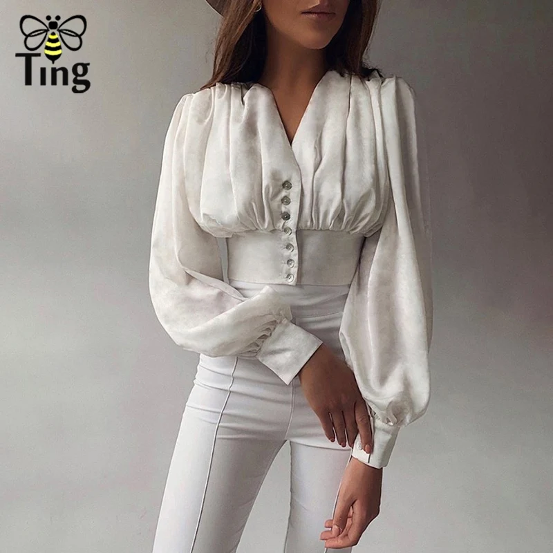 Tingfly Elegant Lantern Long sleeve Casual Blouse Women Sexy female Crop Top Lady Holiday Chic V neck blouse ZA women Clothes |
