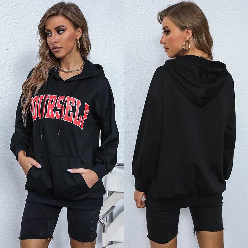 

2022 Women Spring Letter Print Hoodies Casual Loose O Neck Sweatshirt With Pocket Autumn College Style Pullover Hoodie