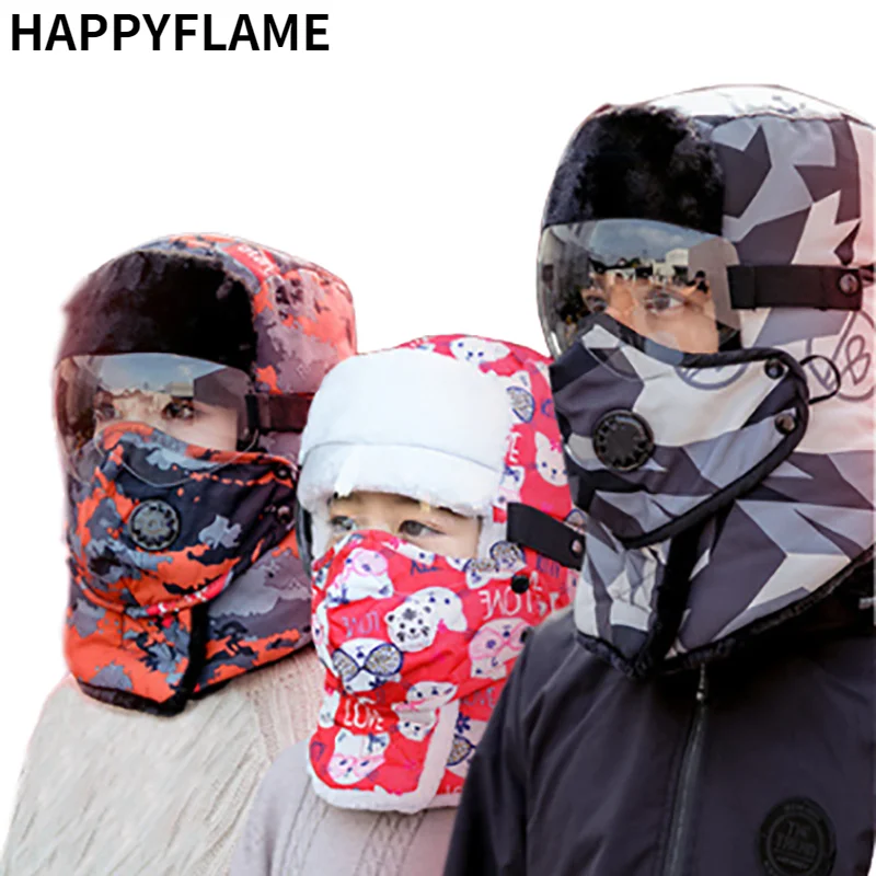 

New 3pcs/Set Camouflage Ushanka Thicken Warm Bomber Hat Parent-child Winter Hat Trapper Hats Northeast Hat with Glasses Mask Cap