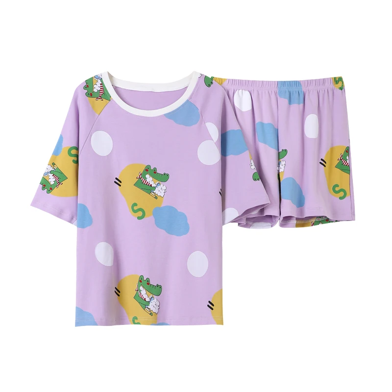 

BZEL 2021 New Summer Pijama Set Cotton Sleepwear Women Sweet Purple Nightwear Cute Pajamas O-Neck Pyjamas Casual Home Wear M-2XL