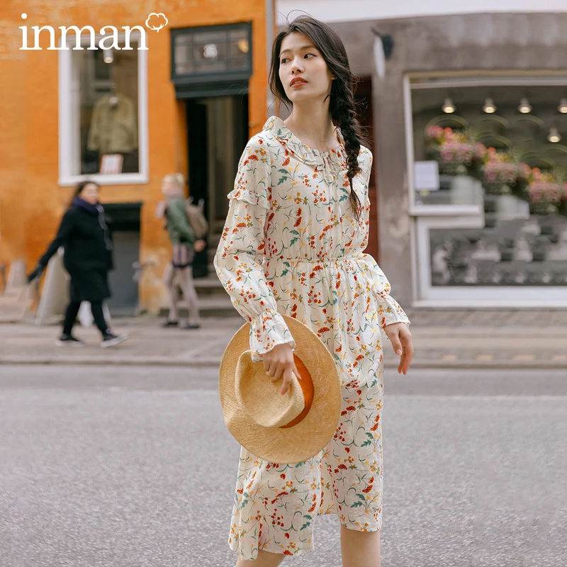 INMAN весеннее однотонное и свежее двухслойное платье со шнуровкой на