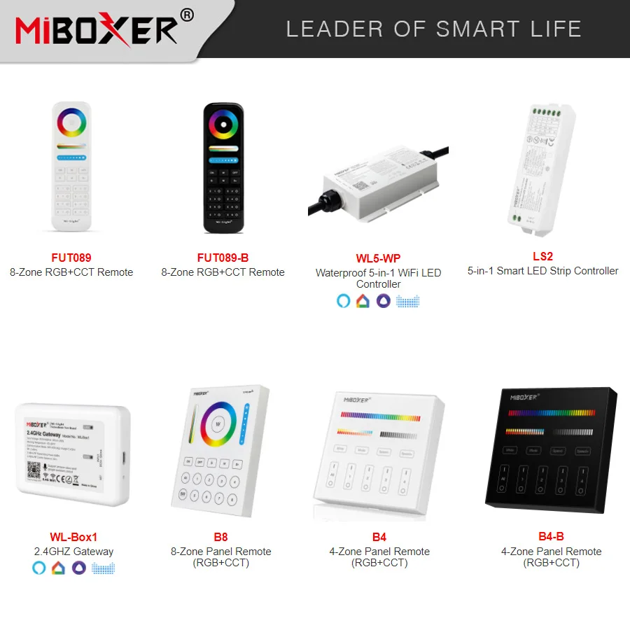

Miboxer smart 2.4G RGB+CCT Switch 8 Zone remote 4 Zone Touch Panel Waterproof 5-in-1 LED Strip Light Controller 2.4GHz Gateway