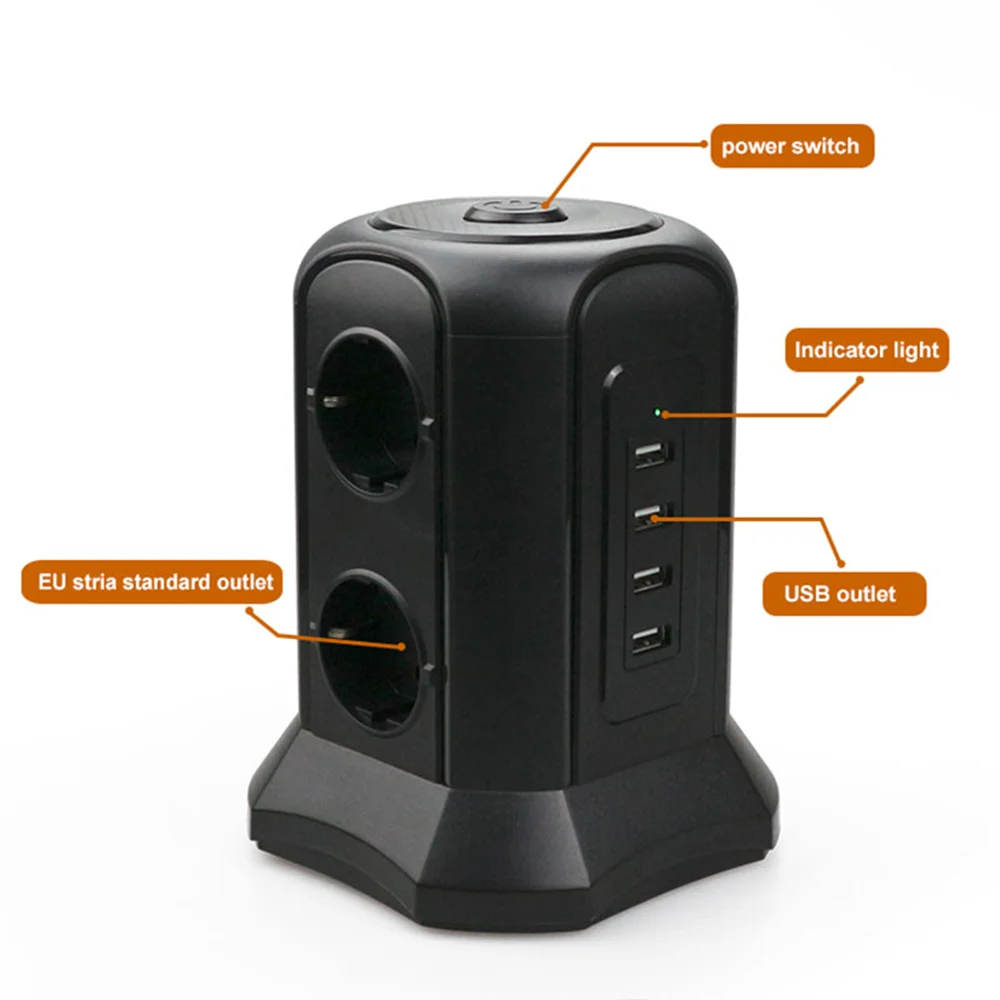 Штепсельная Вилка TESSAN Электрический Мульти Разъем Power Strip Tower с 6 розетками 4 USB 2 м/6