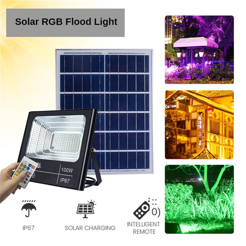 Solar RGB Floodlight with Remote Control Tree Light 16 Colors Solar Landscape Light Garden Spotlight Xmas Lights 100W 200W Lamps