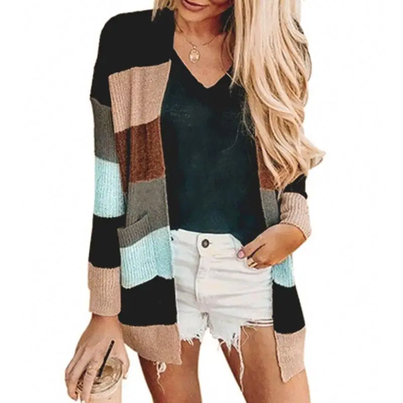 2019 Autumn Winter Hit Color Knitted Cardigans Open Stitch Female Long Sleeve Patchwork Front Striped Sweater Women Coat |
