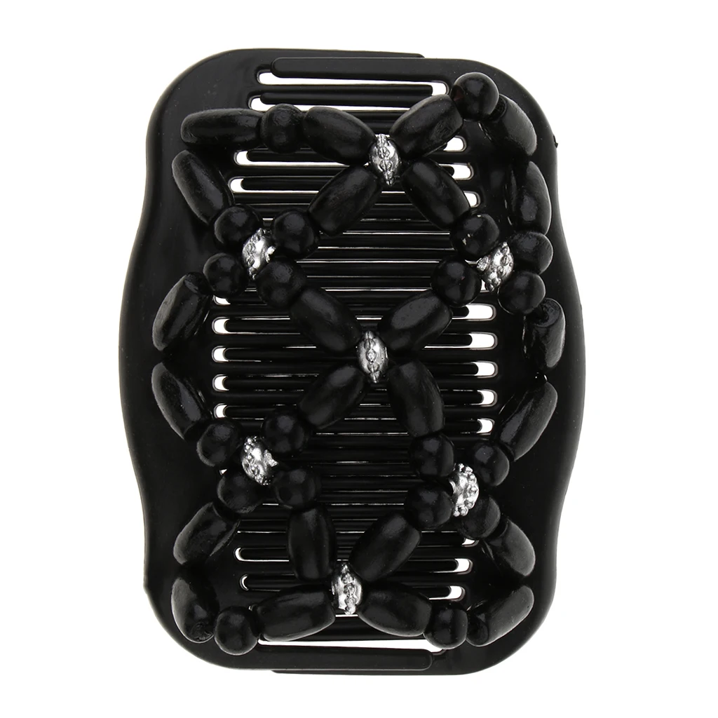 

2 Pcs Wood Beads Double Hair Comb Clip Stretchy Women Hair Accessories,Black
