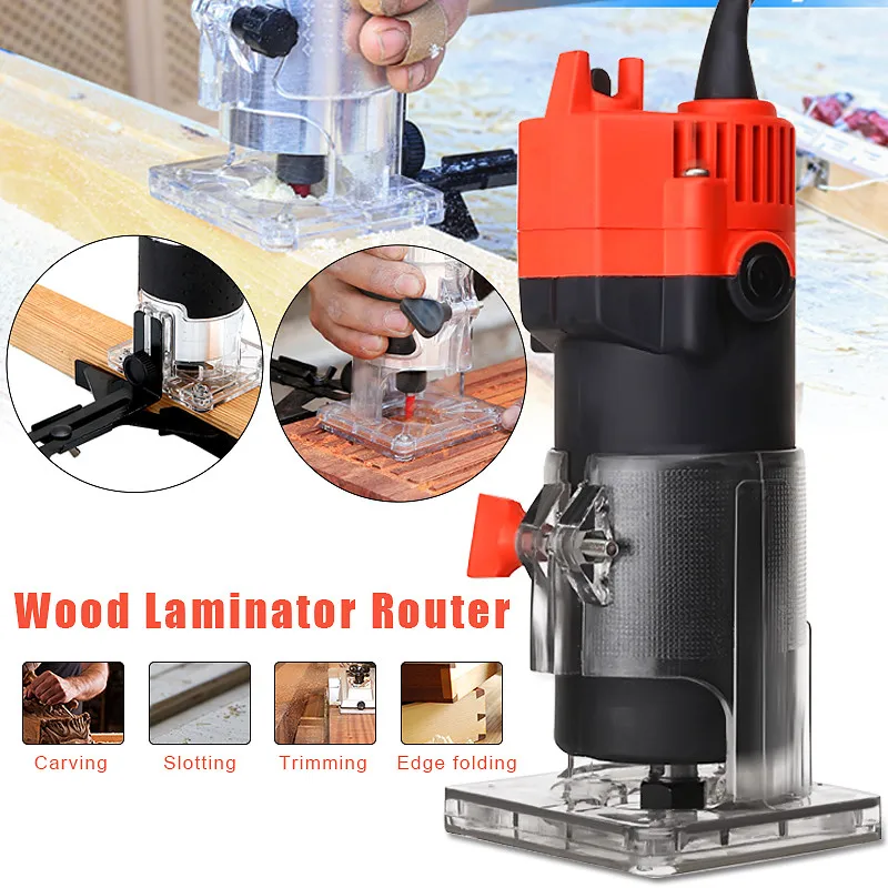 

Wood Electric Hand Trimmer 220V 420W 30000r/min Collet US Plug Corded Wood Laminator Router Joiners Aluminum + Wrench Gloves