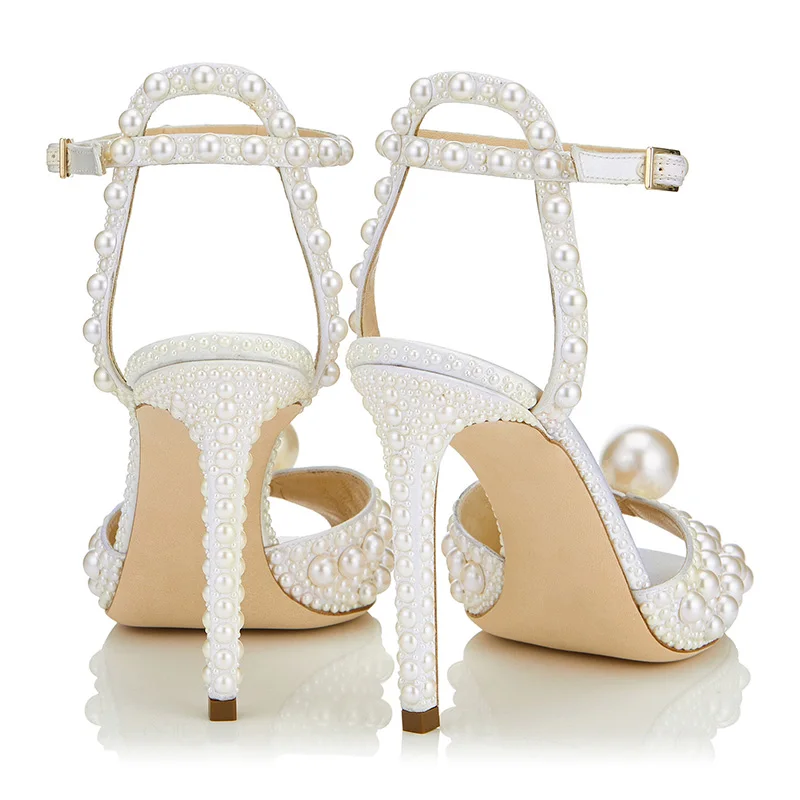 

Summer Sweet Beige Pearl Hollow Fish Mouth Fine High-heeled Bridal Wedding Shoes Large Size Banquet Dress Female Sandals