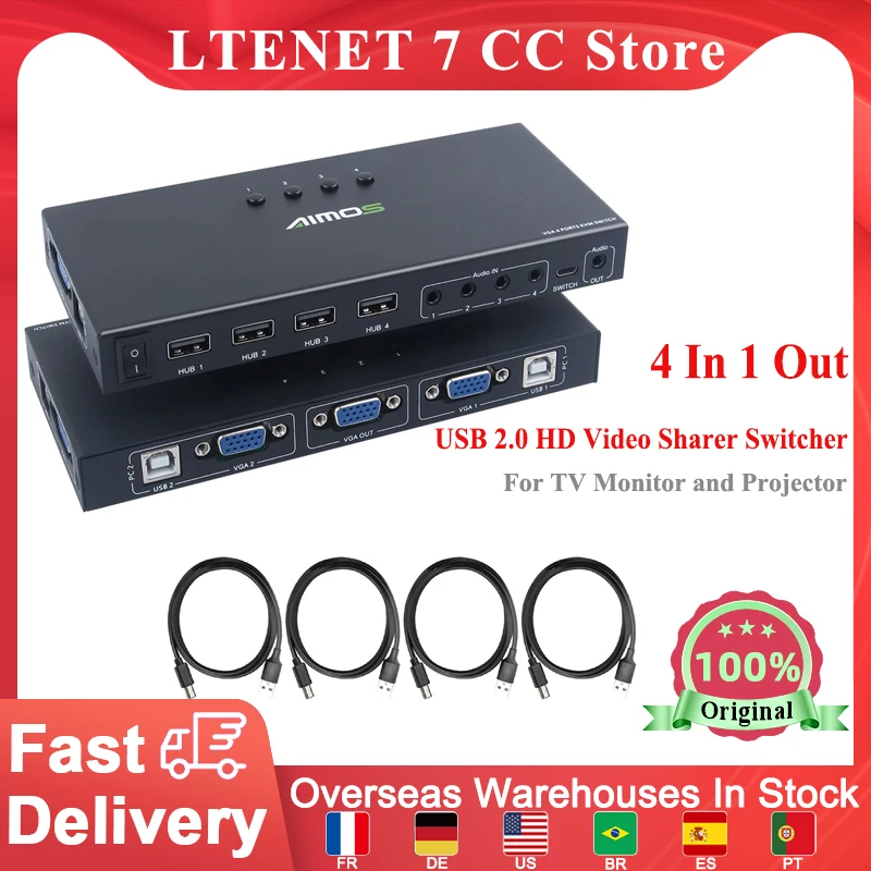 

AIMOS VGA KVM Switch Box 4 Port 4 In 1 Out USB 2.0 Share Out Ports HD Video Sharer Switcher for TV Monitor and Projector