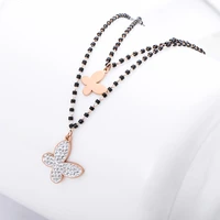 2 layered statement butterfly necklaces pendants for woman chokers collar black beads chain stainless steel necklace jewelry