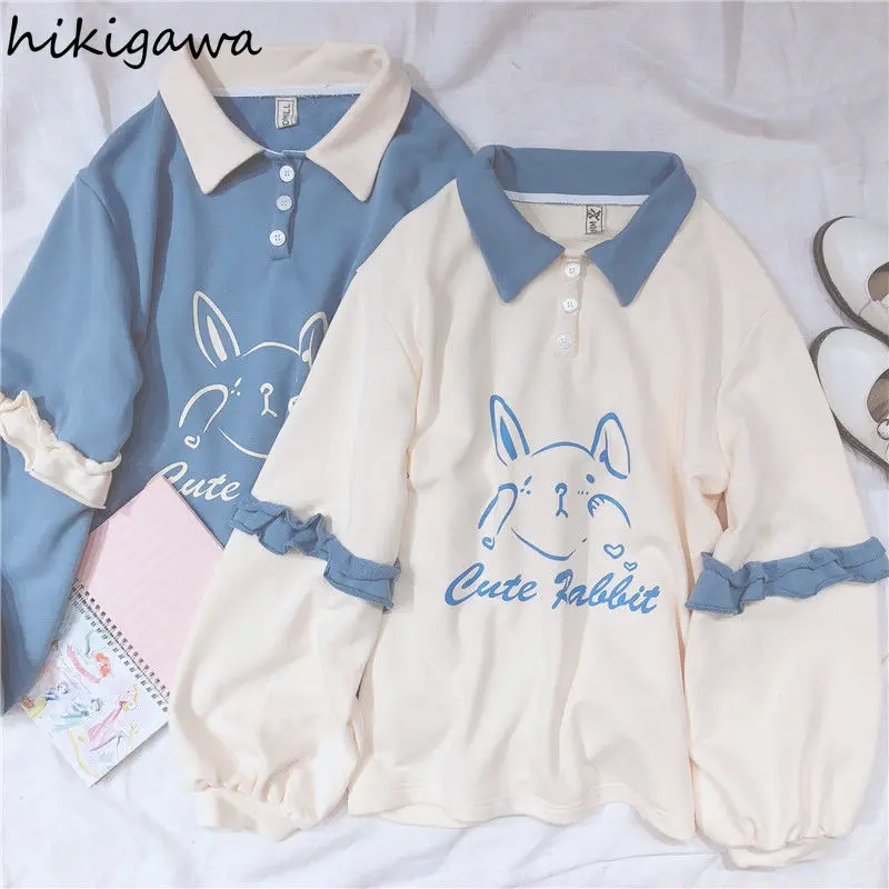 

Hikigawa Japanese Sweet Shirts for Women Chic Ruffles Cute Rabbit Tshirts Loose Casual Tees Preppy Style Fashion Tops Ropa Mujer