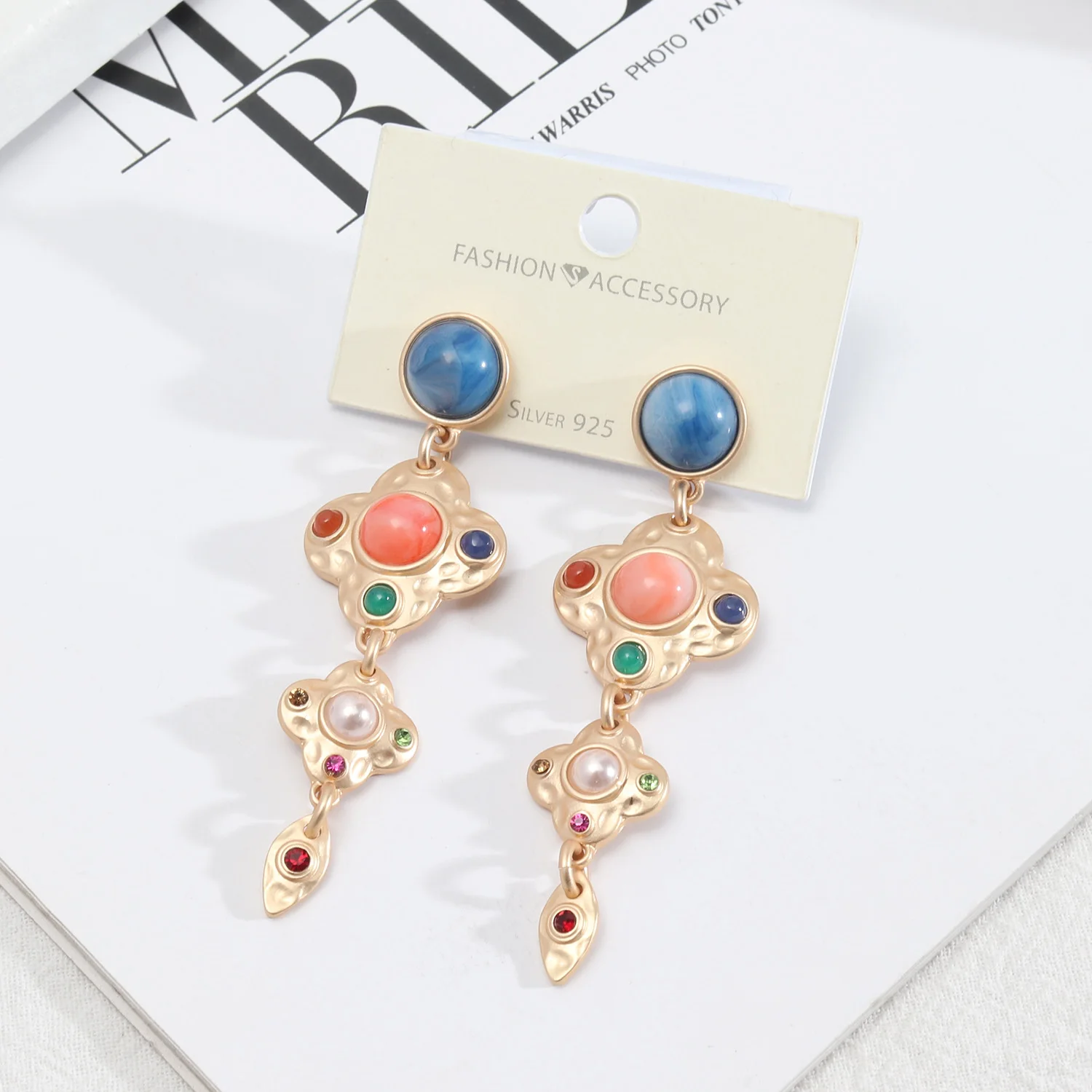 

Vintage Fashion Semi-Precious Stones Quatrefoil Dangle Drop Earrings for Women Baroque Design Jewelry