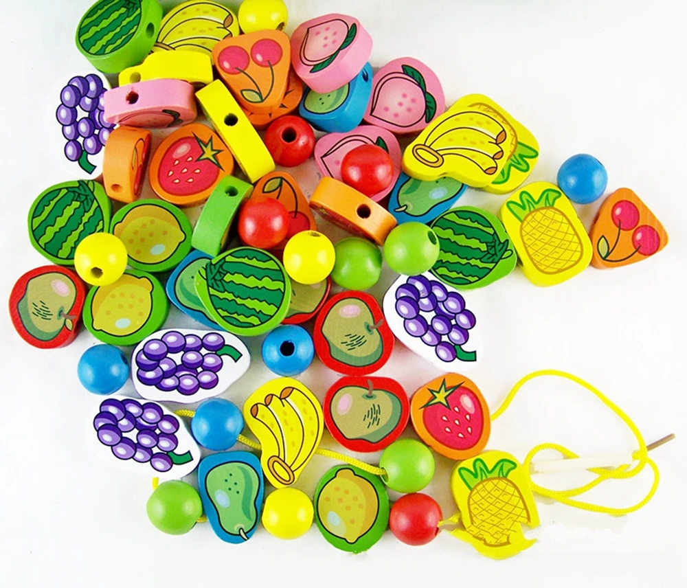 

Children's puzzle toys, boys and girls, big wooden beads, pearls and fruits