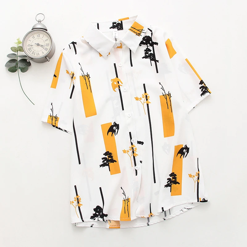 Женская рубашка с коротким рукавом, тонкая летняя рубашка желтого цвета с изображением дерева и кленового листа, 2021 от AliExpress WW